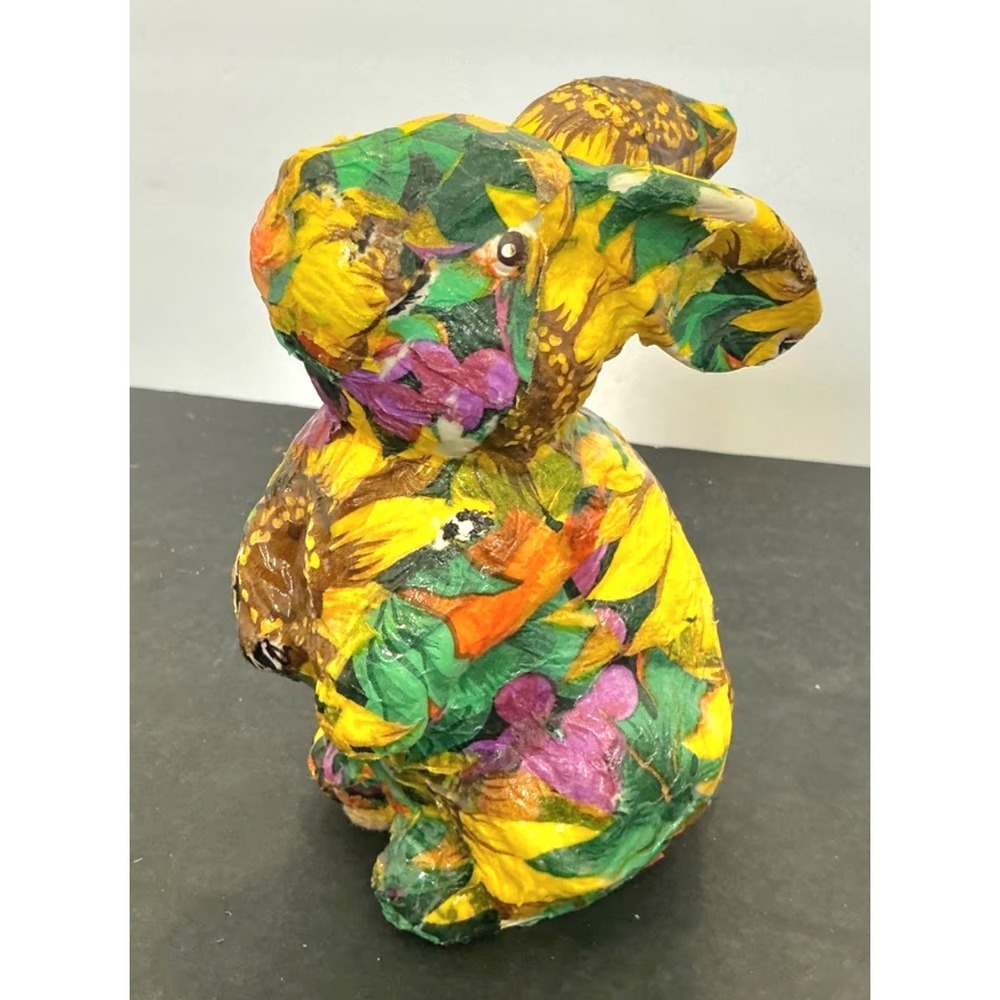 Handmade Decoupage Floral Bunny Figurine Sunflower Rabbit Statue Spring 6.5"